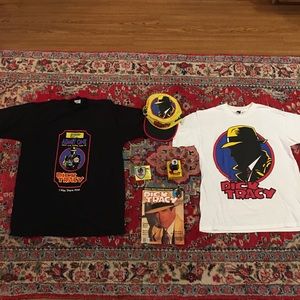 6 Vintage Dick Tracy Lot (2 Tshirts, 1 Watch, 1 hat, 1 Mag &1 Badge) DEADSTOCK